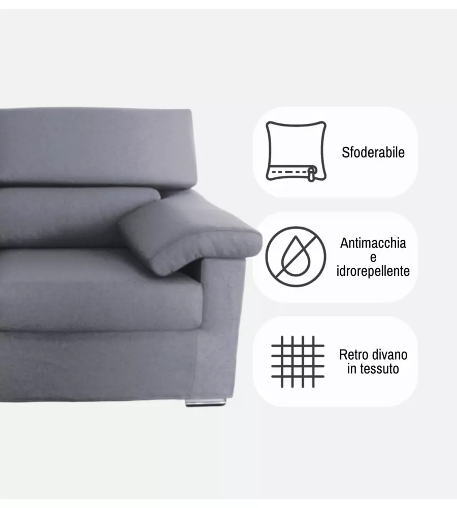 DIVANO 3 POSTI BELLAHOME "VENEZIA" GRIGIO TESSUTO SFODERABILE E ANTIMACCHIA, 200X93X93 CM