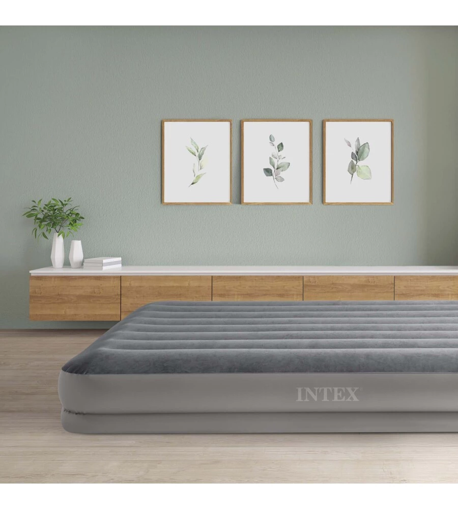 MATERASSO MATRIMONIALE GONFIABILE INTEX "AIRBED DURA-BEAM PRESTIGE MID-RISE" CON POMPA USB INCORPORATA GRIGIO 152X203X30 CM - COD. 64114