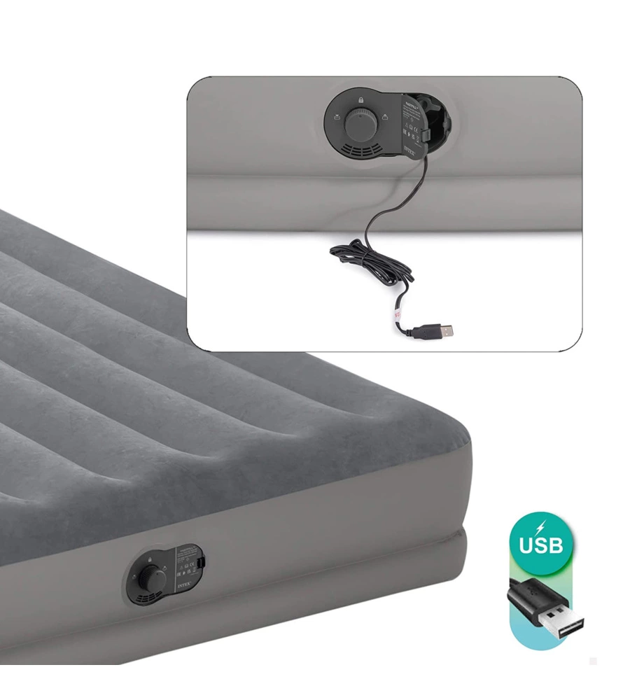 MATERASSO MATRIMONIALE GONFIABILE INTEX "AIRBED DURA-BEAM PRESTIGE MID-RISE" CON POMPA USB INCORPORATA GRIGIO 152X203X30 CM - COD. 64114