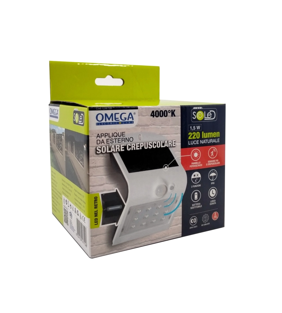 APPLIQUE DA ESTERNO SOLARE CREPUSCOLARE CON SENSORE DI MOVIMENTO COLORE BIANCO, 1,5 W 4000 K