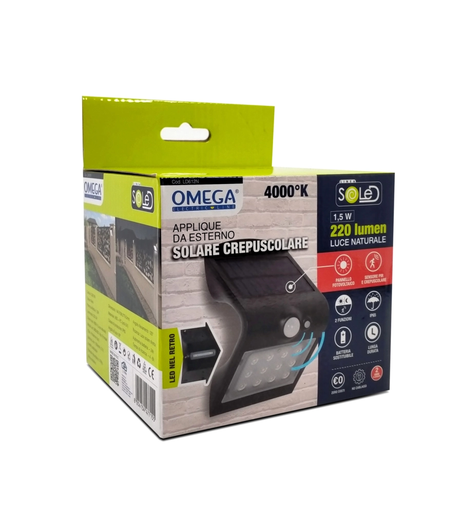 APPLIQUE DA ESTERNO SOLARE CREPUSCOLARE CON SENSORE DI MOVIMENTO COLORE NERO, 1,5 W 4000 K