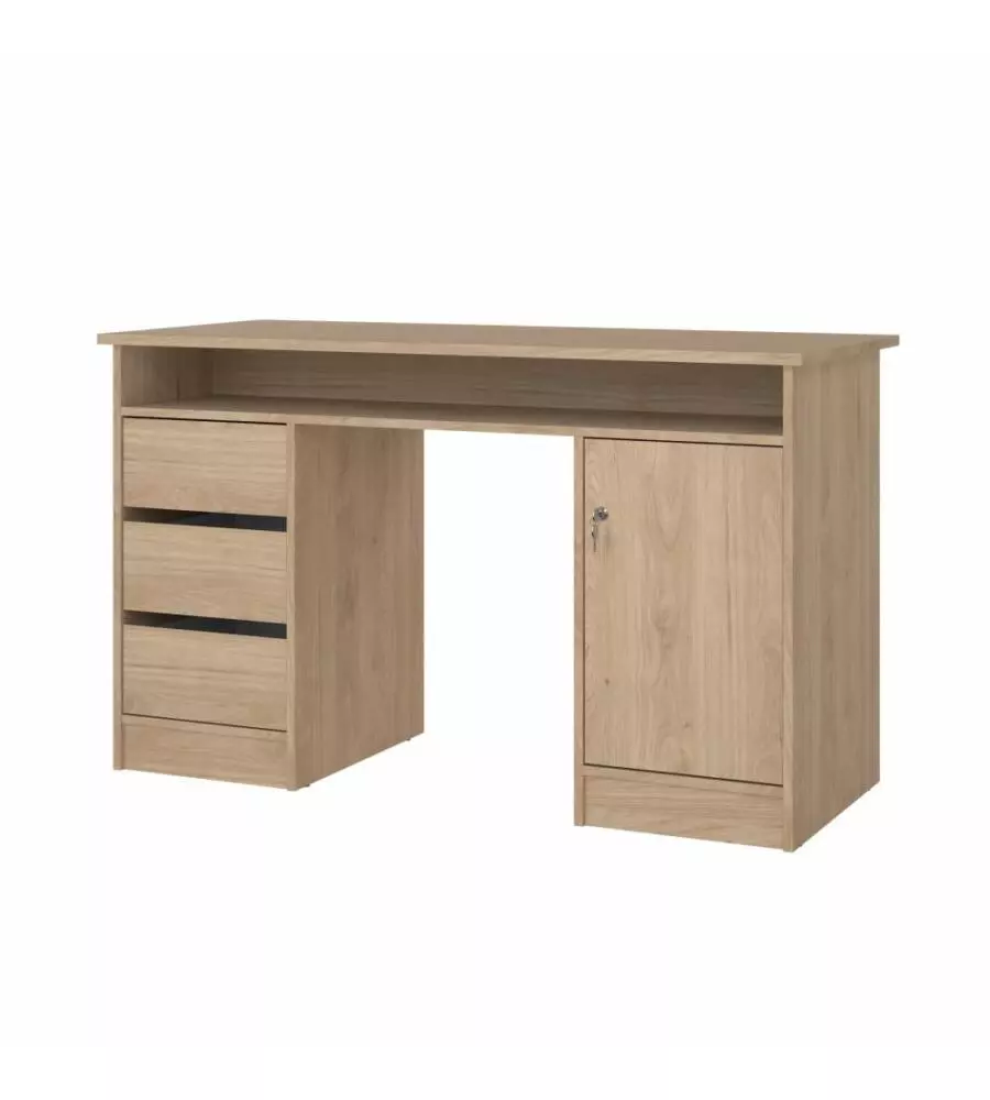 SCRIVANIA CON ANTA E 3 CASSETTI IN TRUCIOLATO COLORE QUERCIA, 126X55X75,6 CM