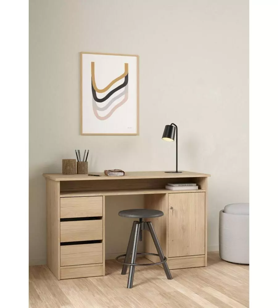SCRIVANIA CON ANTA E 3 CASSETTI IN TRUCIOLATO COLORE QUERCIA, 126X55X75,6 CM