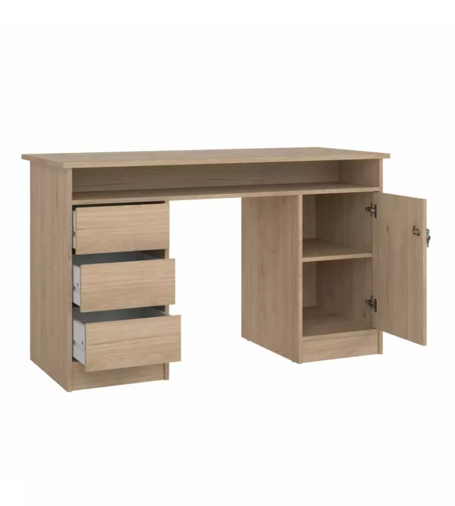 SCRIVANIA CON ANTA E 3 CASSETTI IN TRUCIOLATO COLORE QUERCIA, 126X55X75,6 CM