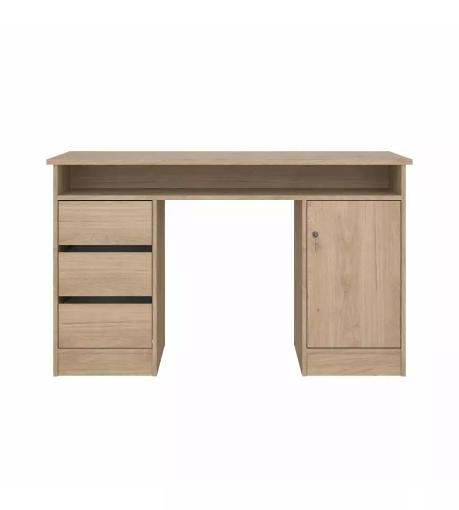 SCRIVANIA CON ANTA E 3 CASSETTI IN TRUCIOLATO COLORE QUERCIA, 126X55X75,6 CM