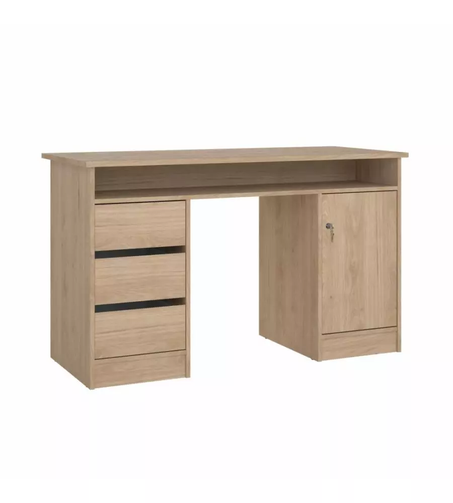 SCRIVANIA CON ANTA E 3 CASSETTI IN TRUCIOLATO COLORE QUERCIA, 126X55X75,6 CM