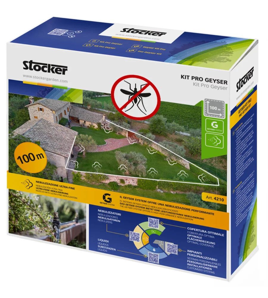 KIT ANTIZANZARE GIARDINO STOCKER "PRO" PER GEYSER NEBULIZZATORE 100 M DI TUBO, 40 UGELLI, 40 RACCORDI A T, 5 RACCORDI DRITTI, 5 RACCORDI A L, 5 TAPPI DI CHIUSURA E 20 FERMATUBO