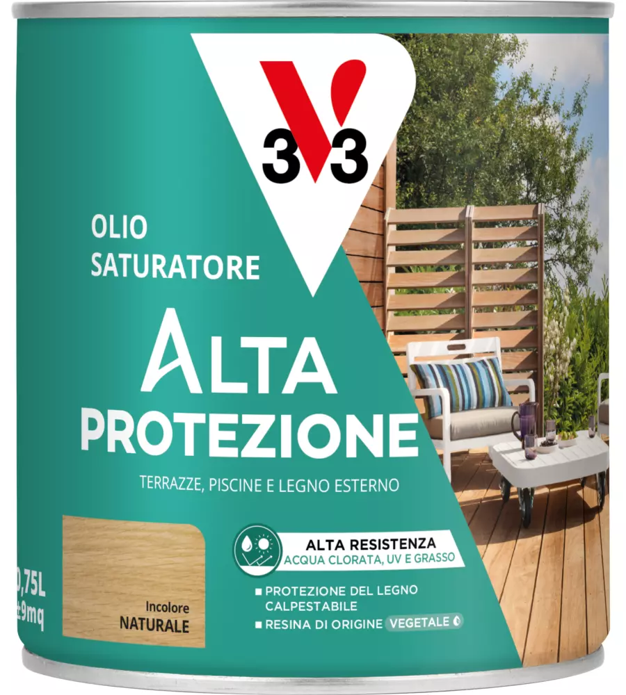 OLIO SATURATORE AD ALTA PROTEZIONE PER TERRAZZE E LEGNO ESTERO V33 INCOLORE, 750 ML