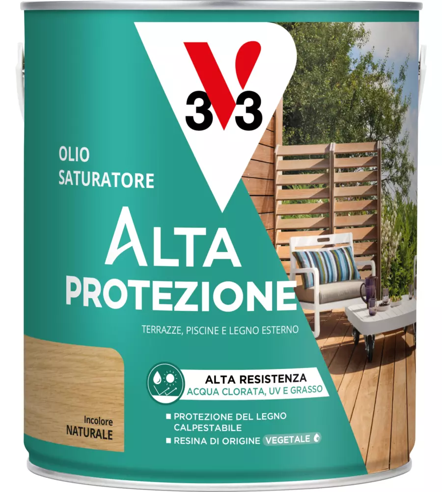 OLIO SATURATORE AD ALTA PROTEZIONE PER TERRAZZE E LEGNO ESTERO V33 INCOLORE, 2,5 LT