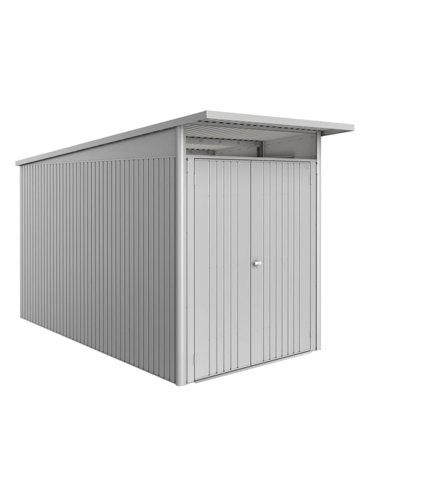 CASETTA DA GIARDINO BIOHORT "AVANTGARDE ECO MIS.A4" IN ACCIAIO ZINCATO ARGENTO METALLIZZATO CON PORTA BATTENTE DOPPIA 180X380X222 CM - COD. 19689