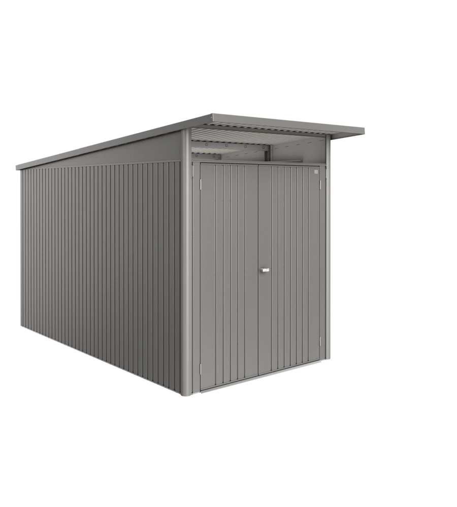 CASETTA DA GIARDINO BIOHORT "AVANTGARDE ECO MIS.A4" IN ACCIAIO ZINCATO GRIGIO QUARZO METALLIZZATO CON PORTA BATTENTE DOPPIA 180X380X222 CM - COD. 19649