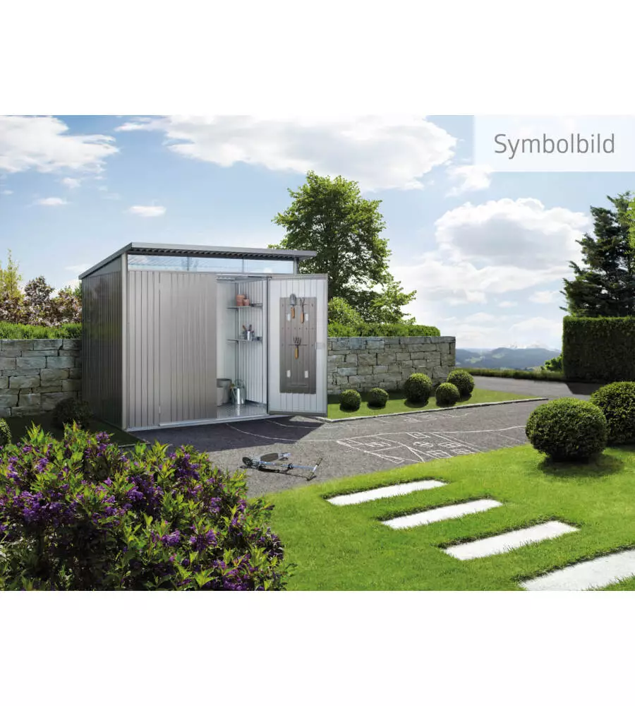 CASETTA DA GIARDINO BIOHORT "AVANTGARDE ECO MIS.A5" IN ACCIAIO ZINCATO GRIGIO QUARZO METALLIZZATO CON PORTA BATTENTE DOPPIA 260X220X218 CM COD. 19659