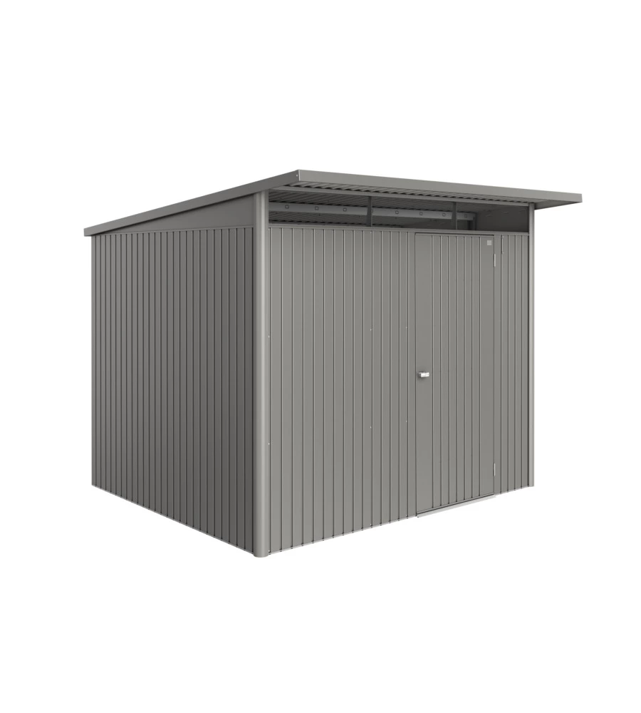CASETTA DA GIARDINO BIOHORT "AVANTGARDE ECO MIS.A6" IN ACCIAIO ZINCATO GRIGIO QUARZO METALLIZZATO CON PORTA BATTENTE SEMPLICE 260X255X218 CM - COD. 19660
