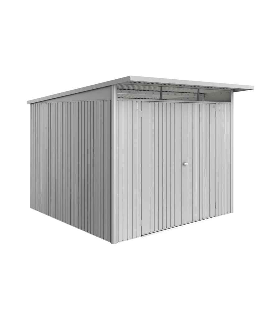 CASETTA DA GIARDINO BIOHORT "AVANTGARDE ECO MIS.A7" IN ACCIAIO ZINCATO ARGENTO METALLIZZATO CON PORTA BATTENTE DOPPIA 260X300X218 CM - COD. 19689