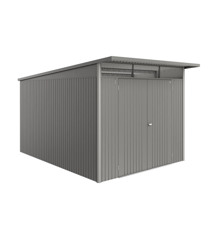 CASETTA DA GIARDINO BIOHORT "AVANTGARDE ECO MIS.A8" IN ACCIAIO ZINCATO GRIGIO QUARZO METALLIZZATO CON PORTA BATTENTE DOPPIA 260X380X222 CM - COD. 19689