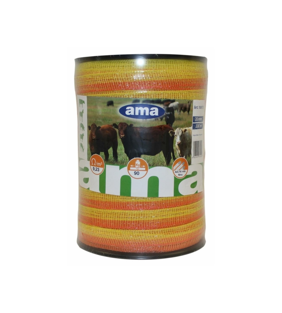 BANDA PER RECINTO ELETTRICO AMA IN FIBRA ACCIAIO ARANCIONE E GIALLO 20MM X 200MT