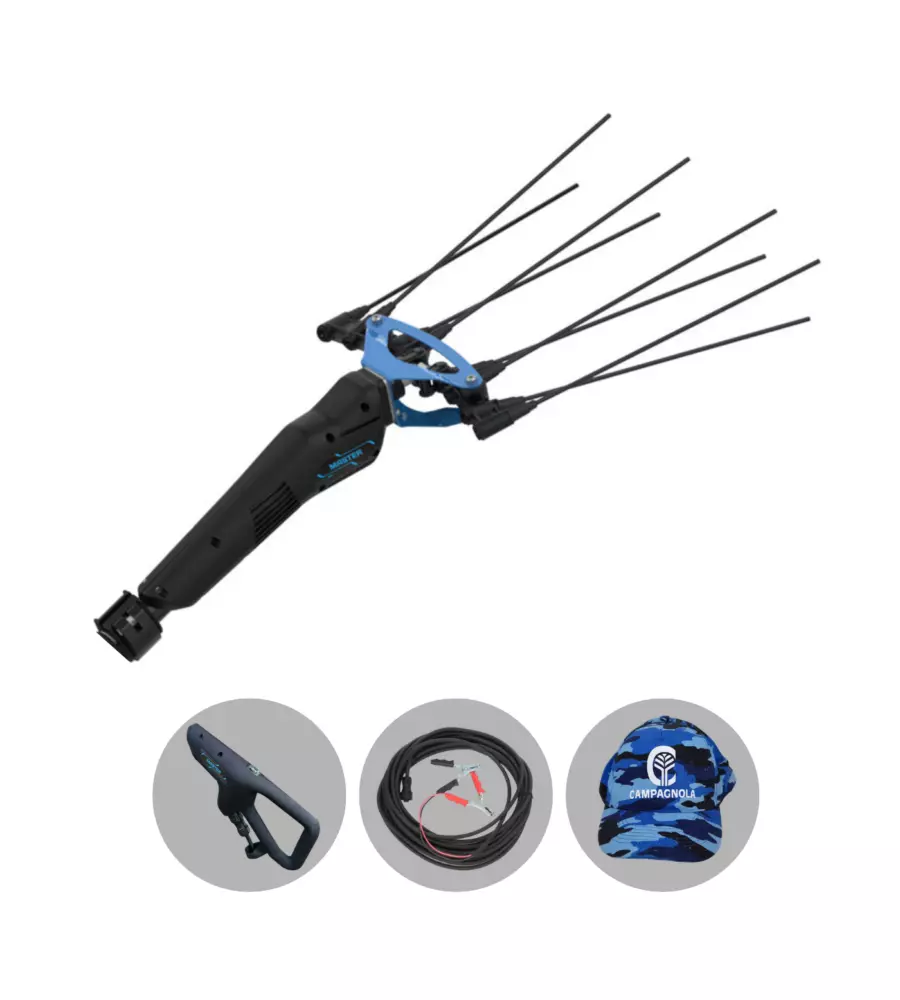 TESTA ABBACCHIATORE OLIVE ELETTRICO A BATTERIA CAMPAGNOLA "MASTER" MOVIMENTO OSCILLATORIO LATERALE 12V IMPUGNATURA A TRE PUNTI, CAVO ELETTRICO 13 M E CAPPELLINO