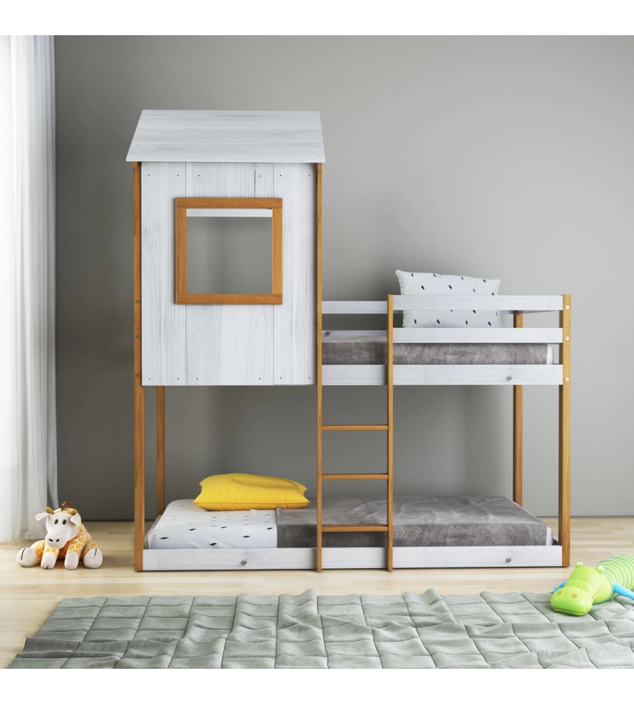 LETTO A CASTELLO PER RAGAZZI BELLAHOME "LILLE" IN PINO MASSELLO CON SOPPALCO A CASETTA 200,5X111X215 CM