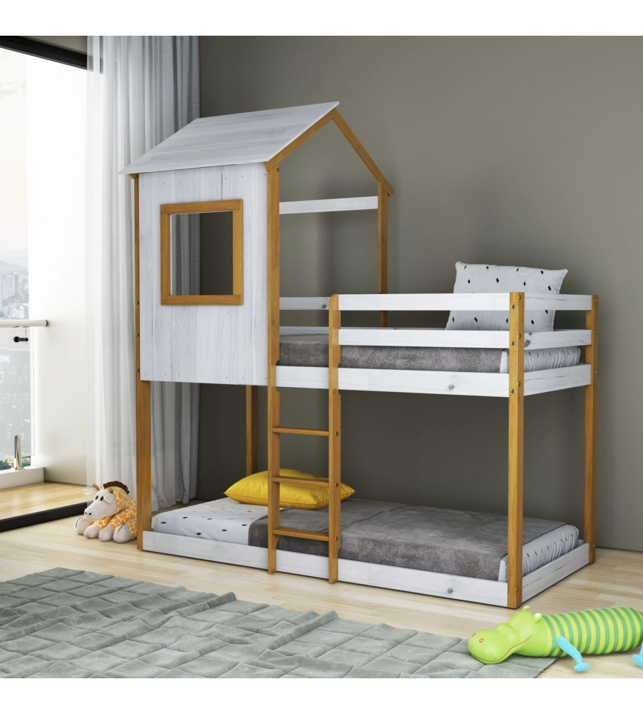 LETTO A CASTELLO PER RAGAZZI BELLAHOME "LILLE" IN PINO MASSELLO CON SOPPALCO A CASETTA 200,5X111X215 CM