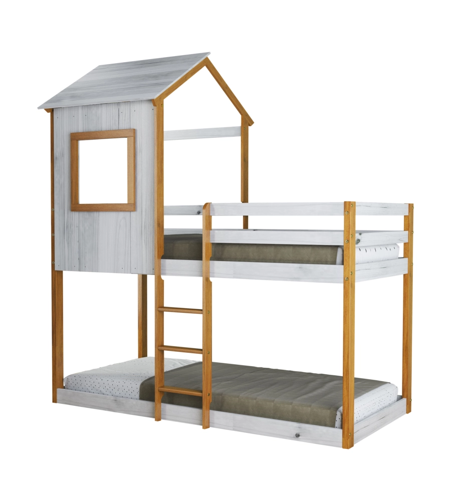 LETTO A CASTELLO PER RAGAZZI BELLAHOME "LILLE" IN PINO MASSELLO CON SOPPALCO A CASETTA 200,5X111X215 CM