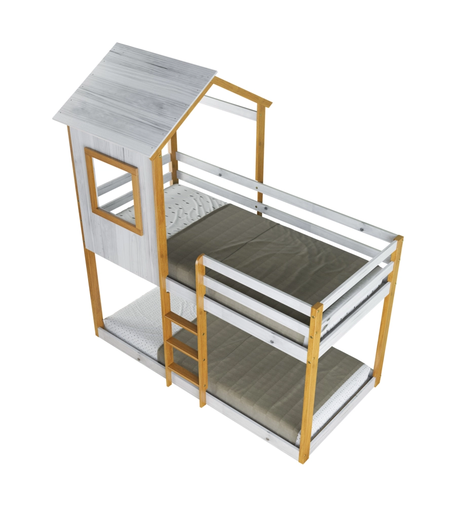 LETTO A CASTELLO PER RAGAZZI BELLAHOME "LILLE" IN PINO MASSELLO CON SOPPALCO A CASETTA 200,5X111X215 CM