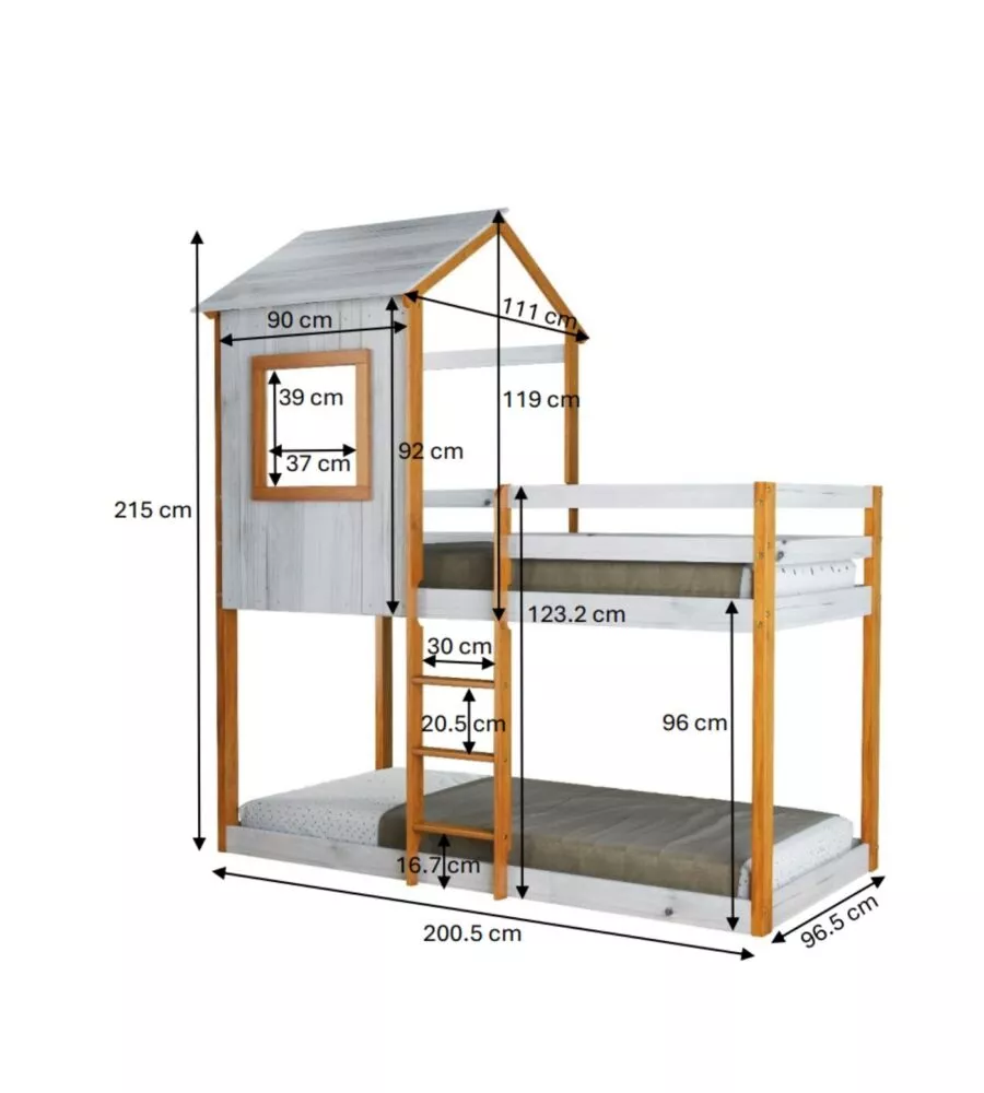 LETTO A CASTELLO PER RAGAZZI BELLAHOME "LILLE" IN PINO MASSELLO CON SOPPALCO A CASETTA 200,5X111X215 CM