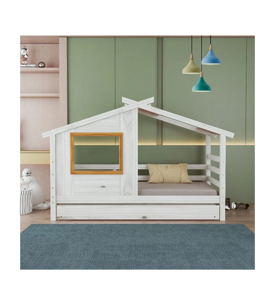 DOPPIO LETTO SINGOLO PER RAGAZZI BELLAHOME "NANTES" IN PINO MASSELLO A CASETTA 222X97,6X143 CM