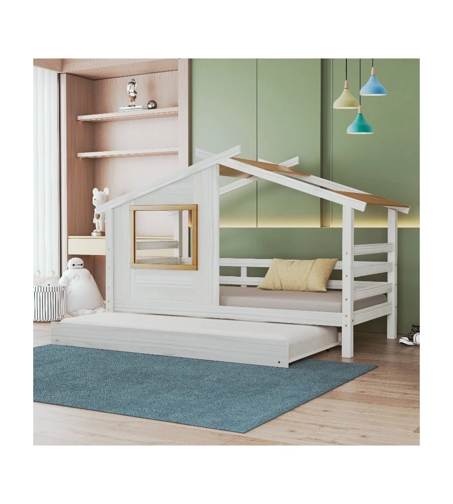DOPPIO LETTO SINGOLO PER RAGAZZI BELLAHOME "NANTES" IN PINO MASSELLO A CASETTA 222X97,6X143 CM