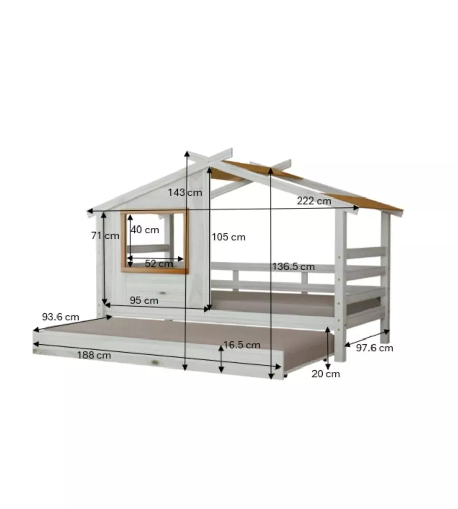 DOPPIO LETTO SINGOLO PER RAGAZZI BELLAHOME "NANTES" IN PINO MASSELLO A CASETTA 222X97,6X143 CM