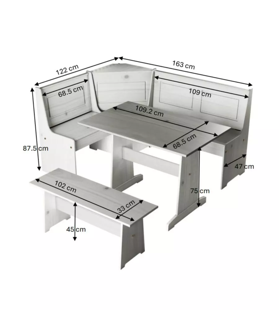 SET GIROPANCA AD ANGOLO BELLAHOME IN PINO MASSELLO CON CONTENITORE 163X122X87,5 CM