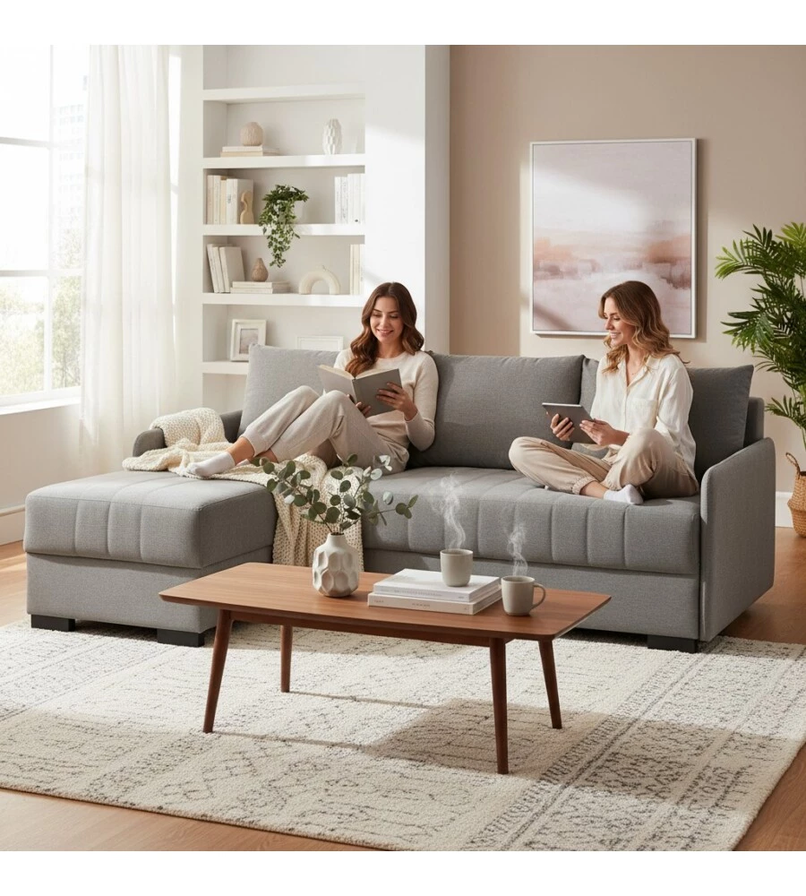 DIVANO CON PENISOLA REVERSIBILE BELLAHOME "GEMINI" GRIGIO, 208X148X91 CM