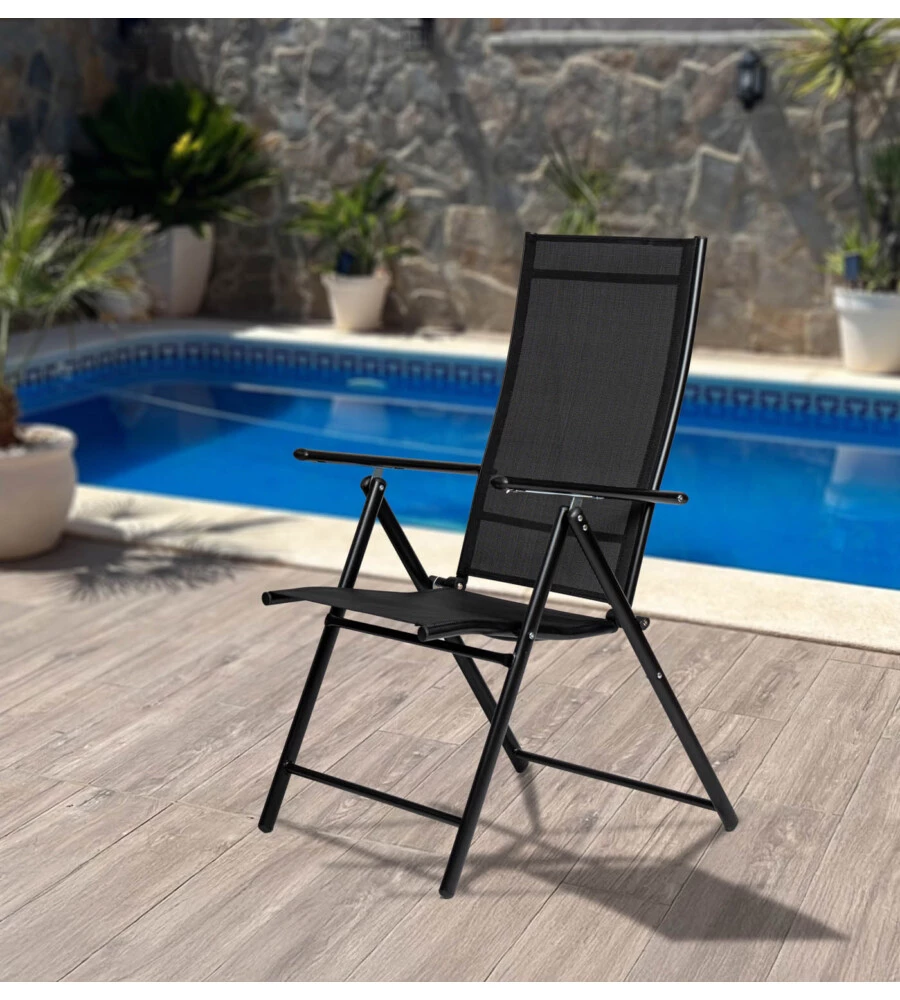 SEDIA DA ESTERNO REGOLABILE CON BRACCIOLI EUROGARDEN IN TEXTILENE NERO 57X98X105 CM