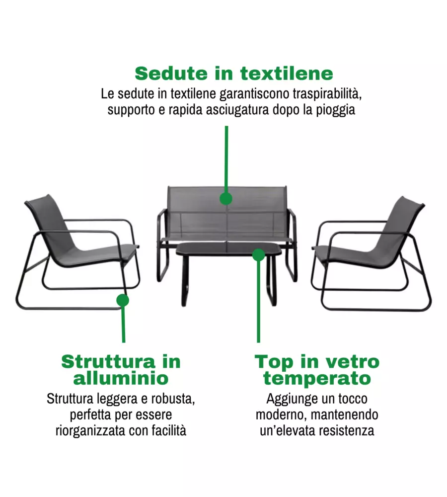 SET DA GIARDINO EUROGARDEN "MAGNOLIA" GRIGIO 4 SEDUTE E TAVOLINO