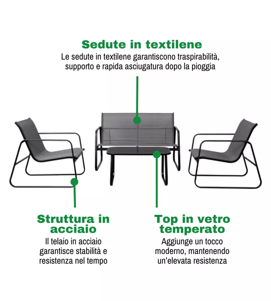 SET DA GIARDINO EUROGARDEN "MAGNOLIA" GRIGIO 4 SEDUTE E TAVOLINO