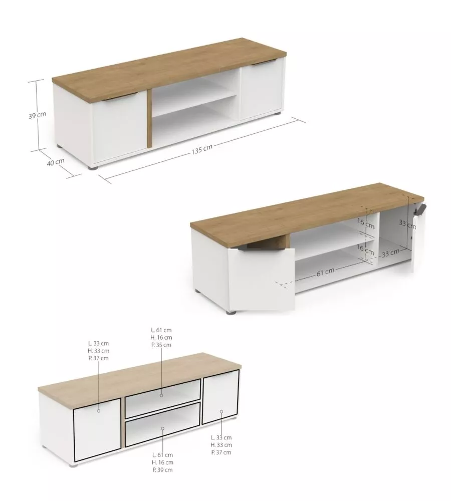 MOBILE SOGGIORNO PORTA TV 2 ANTE QUERCIA E BIANCO 134,8X39,1X39,6 CM