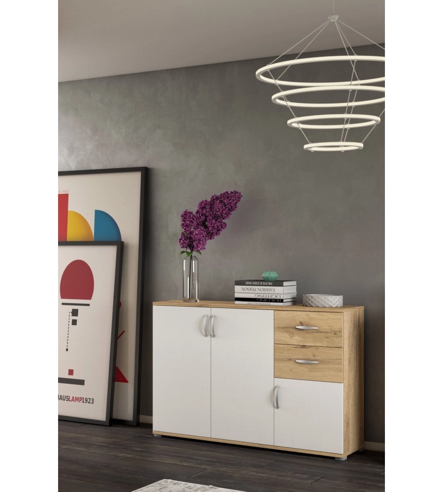 MOBILE MULTIUSO "LONDRA 02" CON 3 ANTE E 2 CASSETTI BIANCO E LEGNO 120X35X83 CM
