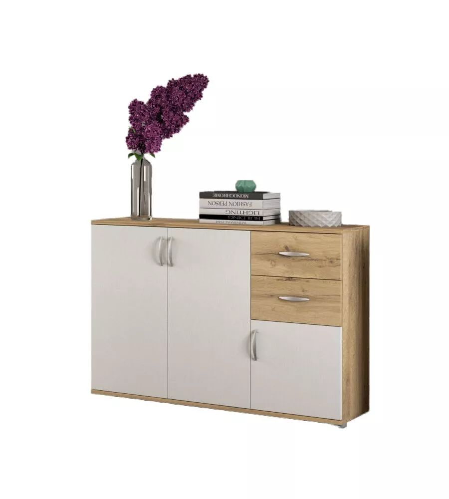 MOBILE MULTIUSO "LONDRA 02" CON 3 ANTE E 2 CASSETTI BIANCO E LEGNO 120X35X83 CM
