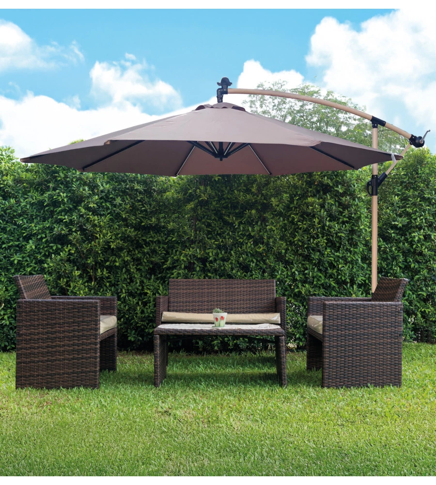 OMBRELLONE DA GIARDINO ROTONDO CON BRACCIO LATERALE EUROGARDEN CON ILLUMINAZIONE LED EFFETTO LEGNO TAUPE 3X3 M