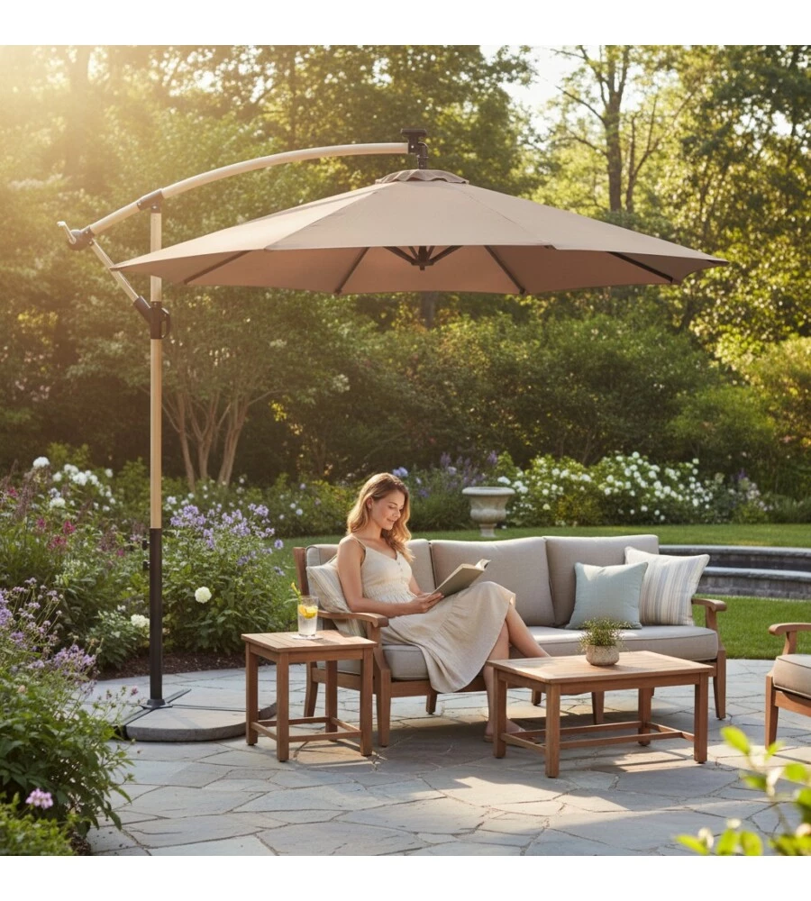 OMBRELLONE DA GIARDINO ROTONDO CON BRACCIO LATERALE EUROGARDEN CON ILLUMINAZIONE LED EFFETTO LEGNO TAUPE 3X3 M