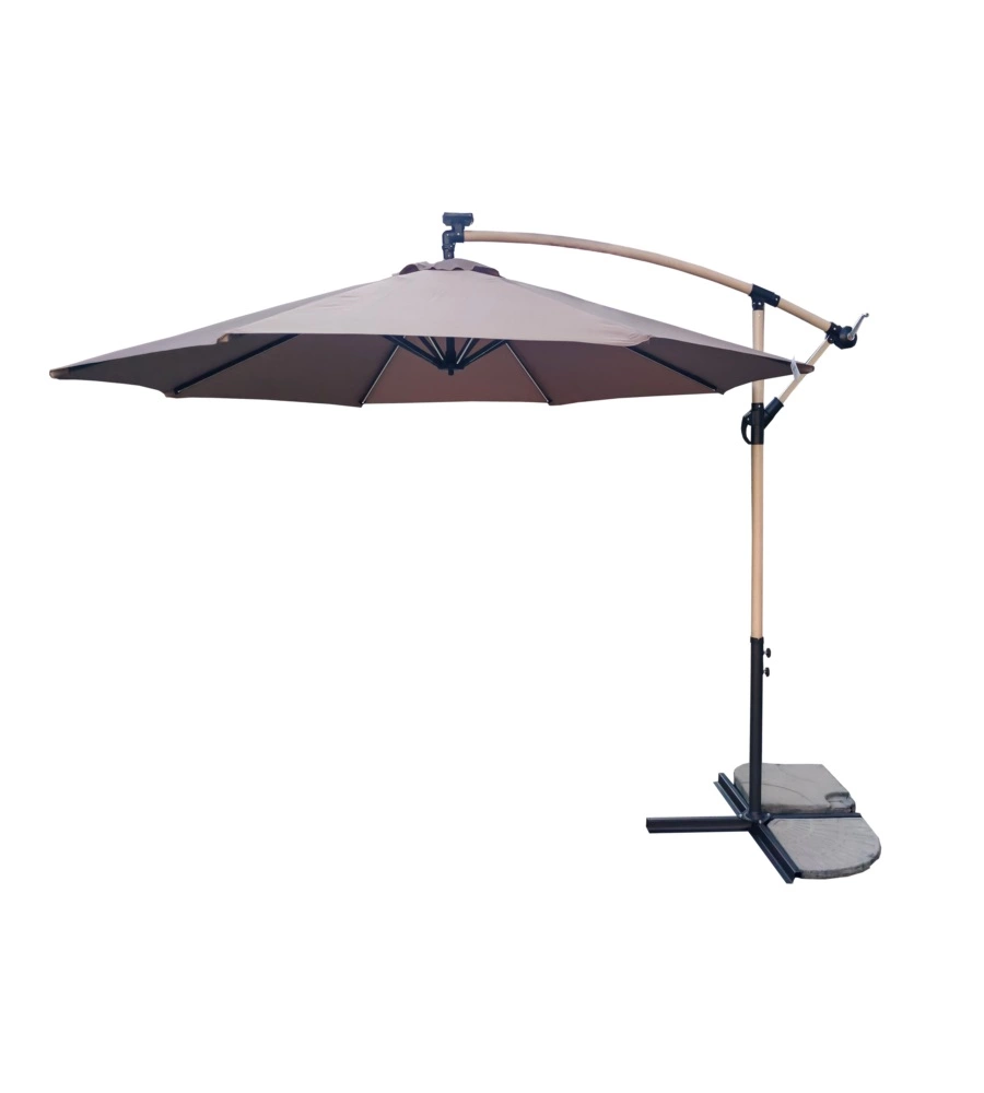 OMBRELLONE DA GIARDINO ROTONDO CON BRACCIO LATERALE EUROGARDEN CON ILLUMINAZIONE LED EFFETTO LEGNO TAUPE 3X3 M