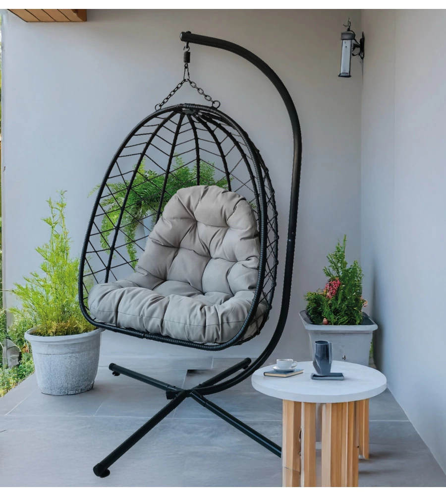 POLTRONA SOSPESA DA ESTERNO PIEGHEVOLE EUROGARDEN IN METALLO E PE RATTAN GRIGIO 103X108X192 CM