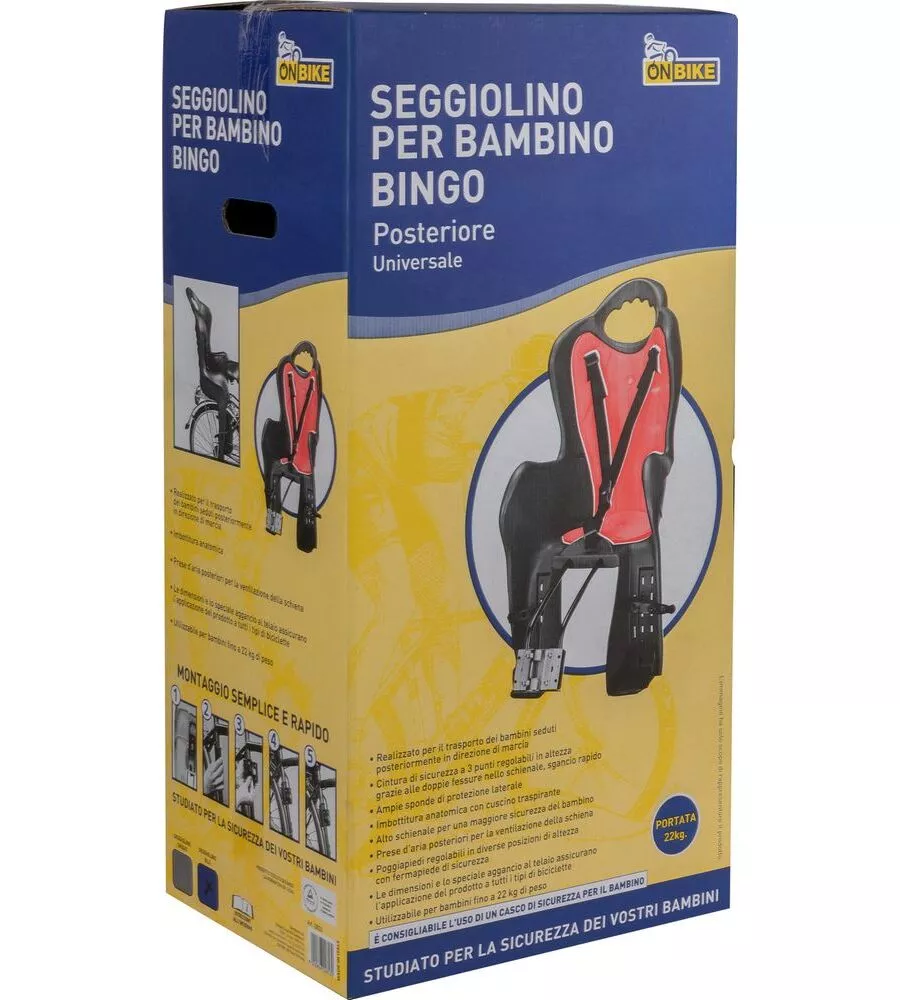 SEGGIOLINO POSTERIORE UNIVERSALE PER BICICLETTA ON BIKE "BING", PORTATA MASSIMA 22 KG