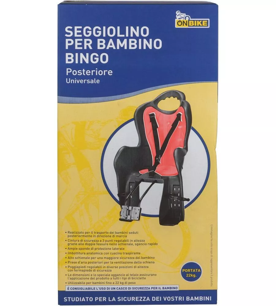 SEGGIOLINO POSTERIORE UNIVERSALE PER BICICLETTA ON BIKE "BING", PORTATA MASSIMA 22 KG