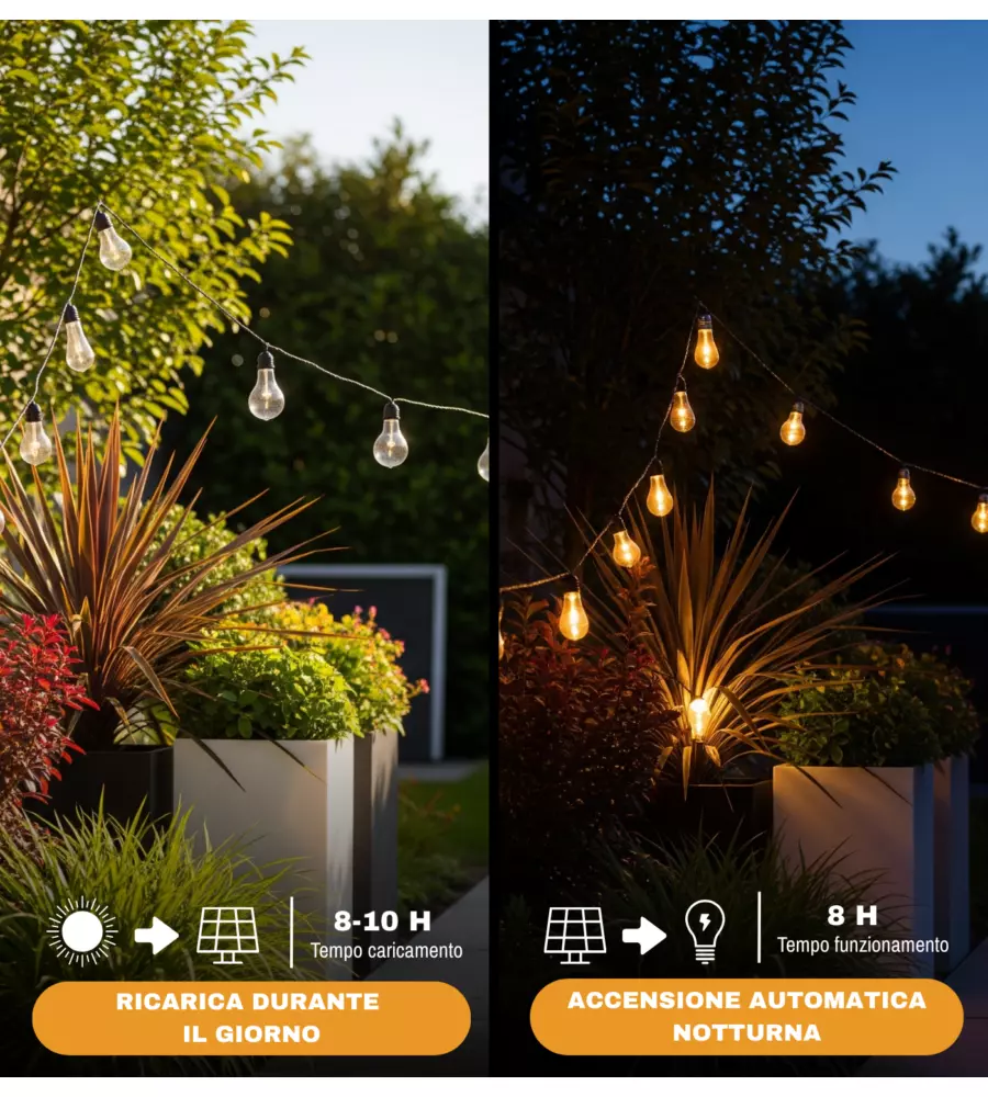 CATENA SOLARE DA ESTERNO EUROGARDEN CON 10 LAMPADINE LED A LUCE CALDA, LUMINOSITA' REGOLABILE, 8 MODALITA' 5W 7 MT
