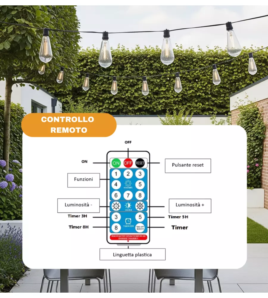 CATENA SOLARE DA ESTERNO EUROGARDEN CON 10 LAMPADINE LED A LUCE CALDA, LUMINOSITA' REGOLABILE, 8 MODALITA' 5W 7 MT