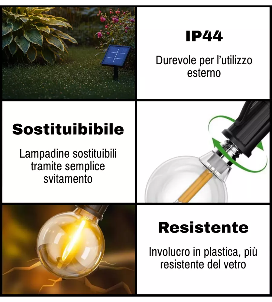 CATENA SOLARE DA ESTERNO EUROGARDEN CON 10 LAMPADINE LED A LUCE CALDA, LUMINOSITA' REGOLABILE, 8 MODALITA' 5W 7 MT
