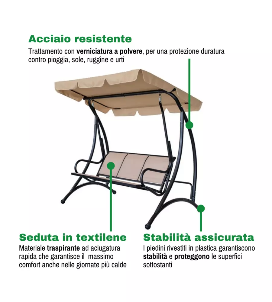 DONDOLO DA GIARDINO 3 POSTI EUROGARDEN "HAWAII" BEIGE 195X115X172 CM