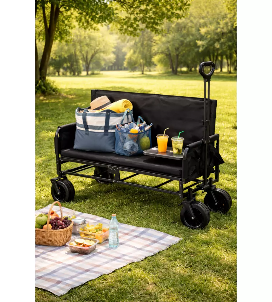 CARRELLO PIEGHEVOLE EUROGARDEN CON RUOTE E FUNZIONE PANCHINA IN ACCIAIO NERO 108X55,5X73 CM