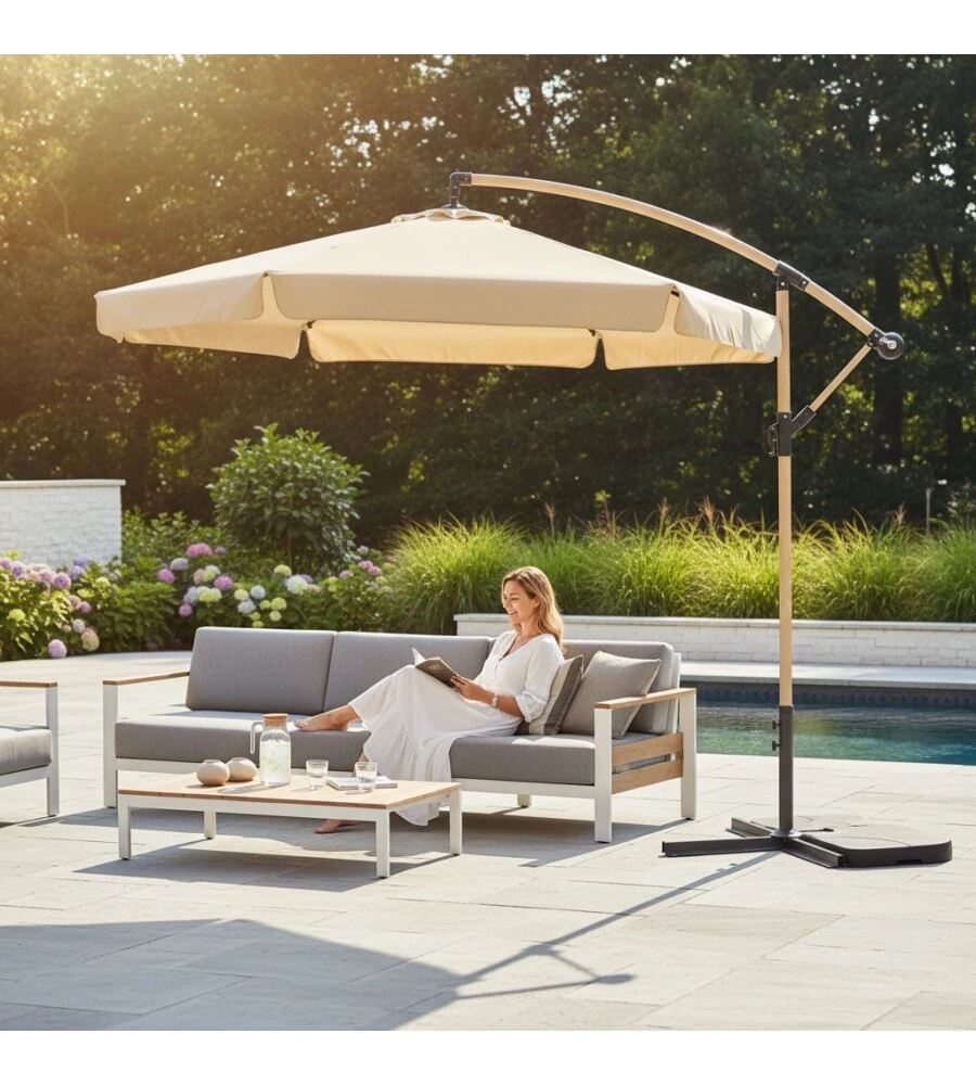 OMBRELLONE A BRACCIO QUADRATO DA GIARDINO EUROGARDEN EFFETTO LEGNO ECRÙ 3X3 M