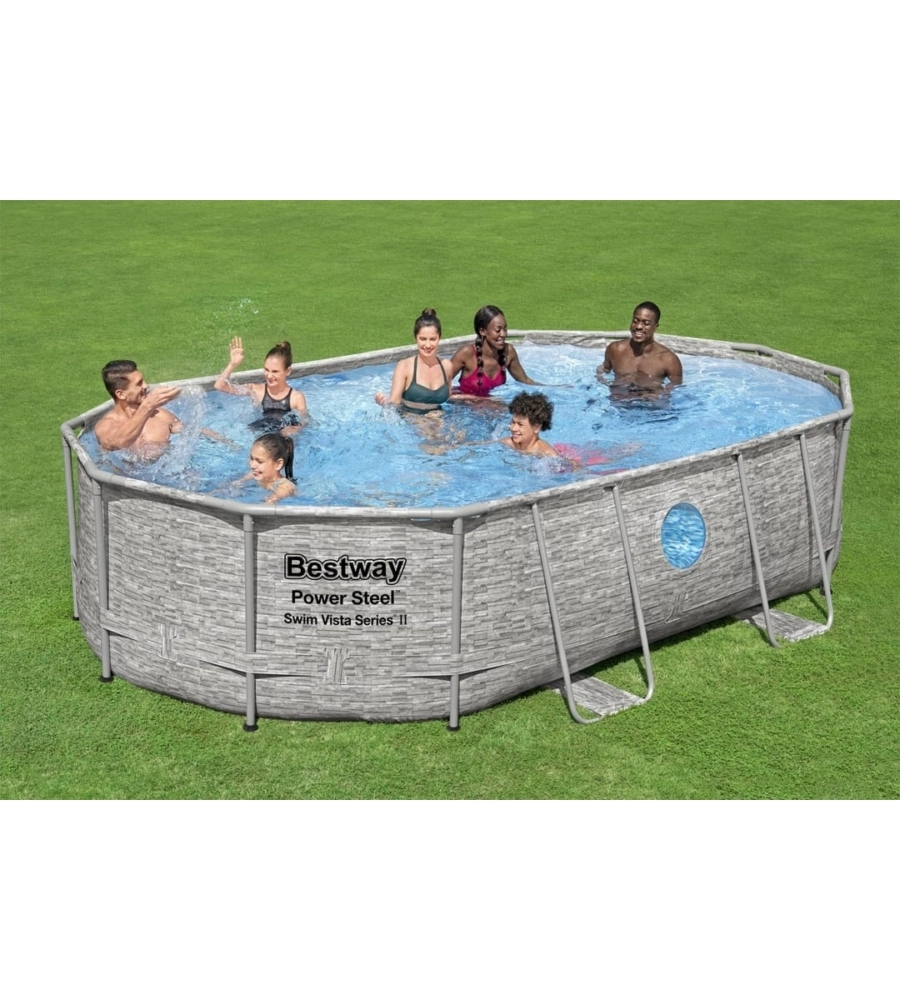 PISCINA FUORI TERRA CON STRUTTURA OVALE BESTWAY "POWER STEEL SWIM VISTA" CON OBLO' EFFETTO PIETRA 488X305X107 CM